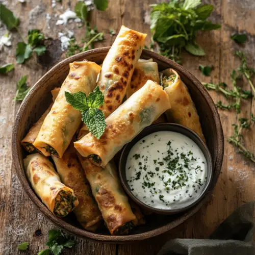 Crispy Baked Veggie Spring Rolls with Herbed Yogurt Dip