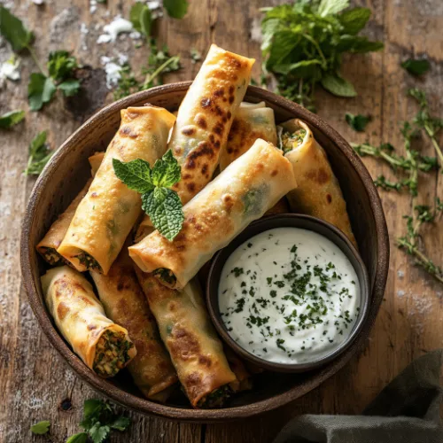 Crispy Baked Veggie Spring Rolls with Herbed Yogurt Dip