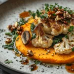 Roasted Cauliflower Steak with Mushrooms and Sweet Potato Purée
