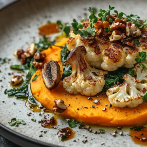 Roasted Cauliflower Steak with Mushrooms and Sweet Potato Purée