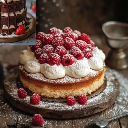 Vanilla Almond Cake with Whipped Cream and Raspberries