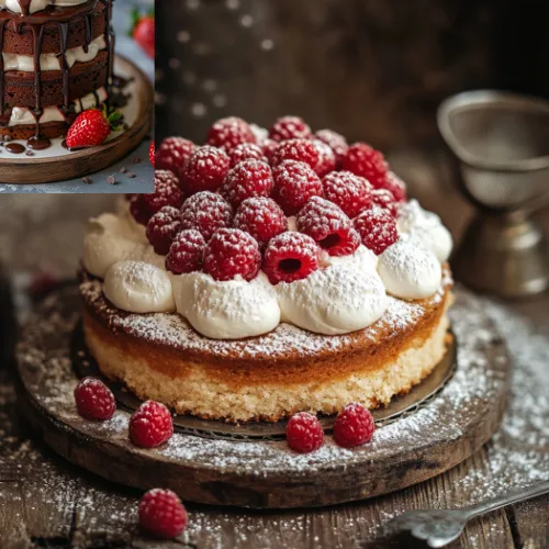 Vanilla Almond Cake with Whipped Cream and Raspberries