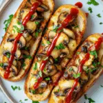 Cheesy Mushroom Garlic Bread with Ketchup Drizzle