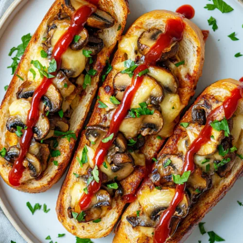 Cheesy Mushroom Garlic Bread with Ketchup Drizzle