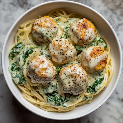 Creamy Chicken Meatballs with Spinach Alfredo Pasta