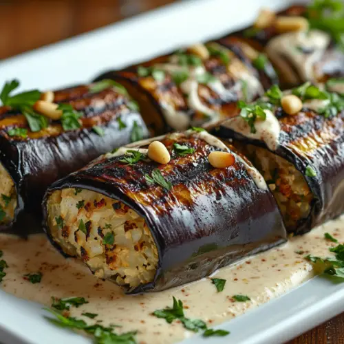 Grilled Eggplant Rolls Stuffed with Herbed Cauliflower Rice
