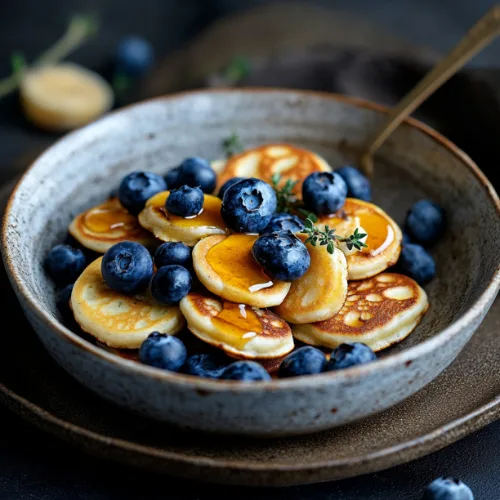 Mini Pancake Cereal with Blueberries & Caramel Drizzle