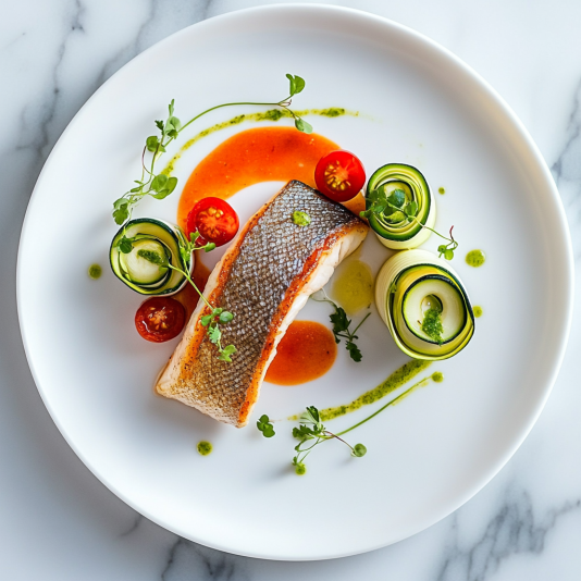 Pan-Seared Sea Bass with Red Pepper Coulis & Herb Emulsion