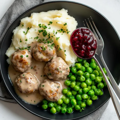 Swedish Meatballs with Mashed Potatoes and Lingonberry Sauce