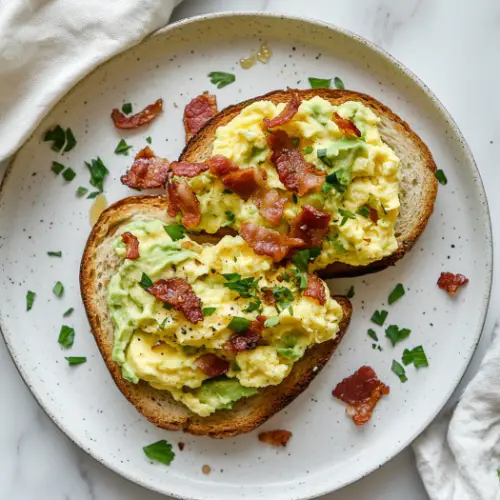 Avocado Toast with Scrambled Eggs & Crispy Bacon A bold and satisfying breakfast classic featuring creamy smashed avocado, soft scrambled eggs, and perfectly crisp bacon layered on thick-cut toasted sourdough. A savory, protein-packed bite with irresistible texture and flavor. ## Why You’ll Love This Recipe This Avocado Toast with Scrambled Eggs & Crispy Bacon combines nutritious ingredients with indulgent flavors to create a breakfast that is both wholesome and satisfying. The creamy richness of ripe avocado, the fluffiness of gently scrambled eggs, and the crunch of bacon on toasted sourdough deliver a harmonious balance of textures and taste. Whether you’re starting your day or refueling post-workout, this dish offers a hearty and flavorful option that’s quick to prepare and sure to impress. ## Ingredients (Tip: You can find the complete list of ingredients and their measurements in the recipe card below.) * 3 slices sourdough or rustic bread * 1 ripe avocado * Juice of 1/2 lime * Salt and pepper, to taste * 4 eggs * 1 tablespoon butter * 6 strips thick-cut bacon * Olive oil or hot honey (optional, for drizzling) ## Directions 1. In a skillet over medium heat, cook the bacon until crispy and golden, turning occasionally. Drain on paper towels. 2. While the bacon cooks, mash the avocado in a bowl with lime juice, salt, and pepper until creamy but slightly chunky. 3. In a separate pan, melt the butter over low heat. Crack the eggs into a bowl, beat lightly, and pour into the pan. Stir gently with a spatula until curds form and eggs are just set—soft and slightly creamy. Remove from heat. 4. Toast the bread slices until golden. 5. To assemble, spread mashed avocado onto each toast slice, top with scrambled eggs, and add strips of crispy bacon. 6. Optional: drizzle with olive oil or hot honey for extra flavor. Serve immediately. ## Servings and timing This recipe serves 3 and takes approximately 20 minutes to prepare from start to finish, making it ideal for both weekday mornings and relaxed weekend brunches. ## Variations * **Vegetarian Option**: Omit bacon and top with sautéed mushrooms or grilled tomatoes. * **Spicy Kick**: Add red pepper flakes or a splash of sriracha to the avocado mash. * **Cheesy Twist**: Sprinkle grated cheddar or crumbled feta over the eggs before serving. * **Whole-Grain Upgrade**: Use whole-grain or multigrain bread for added fiber and nutrition. * **Herbaceous Touch**: Garnish with chopped chives, cilantro, or parsley for fresh flavor. ## Storage/Reheating This dish is best enjoyed immediately after preparation. However, components can be prepped in advance: * **Bacon**: Cook and refrigerate in an airtight container for up to 3 days. Reheat in a skillet or oven to restore crispiness. * **Avocado Mash**: Best prepared fresh, but can be stored in the refrigerator for up to 1 day with plastic wrap pressed directly on the surface to prevent browning. * **Scrambled Eggs**: Can be made ahead and stored for up to 2 days, though texture is best when freshly cooked. Reheat gently over low heat. ## FAQs ### Can I use a different type of bread? Yes, any sturdy bread such as whole wheat, rye, or multigrain will work well. ### How do I keep the avocado mash from turning brown? Add lime juice and cover tightly with plastic wrap touching the surface to minimize air exposure. ### Are scrambled eggs better with milk or without? For this recipe, no milk is needed; butter and gentle heat create the ideal creamy texture. ### What’s the best way to cook bacon evenly? Cook slowly over medium heat, flipping occasionally for even crispness without burning. ### Can I prepare this dish without butter? Yes, you can use olive oil or a non-stick spray for scrambling the eggs if preferred. ### Is there a vegan version of this recipe? Yes, use vegan bacon, tofu scramble, and plant-based bread and spreads. ### How can I make this recipe gluten-free? Use gluten-free bread to accommodate dietary needs. ### What other toppings pair well with this dish? Sliced radishes, pickled onions, or microgreens make excellent additions. ### Can I meal-prep this for the week? Prepare components like bacon and avocado mash separately, but toast and assemble just before serving. ### What drink pairs well with this breakfast? Freshly brewed coffee, herbal tea, or a citrusy smoothie makes a great accompaniment. ## Conclusion Avocado Toast with Scrambled Eggs & Crispy Bacon is a rich, flavorful, and nutrient-packed breakfast that checks all the boxes for taste and satisfaction. Whether you're enjoying a quiet morning at home or hosting a brunch, this recipe offers the perfect combination of textures and flavors in each bite. With easy customization options and quick prep time, it’s a dish you’ll return to time and again.