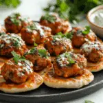 Mini Lamb Meatball Bites with Tzatziki on Pita Rounds