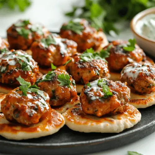 Mini Lamb Meatball Bites with Tzatziki on Pita Rounds