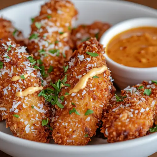 Crispy Coconut Chicken Tenders with Spicy Honey Mustard Sauce