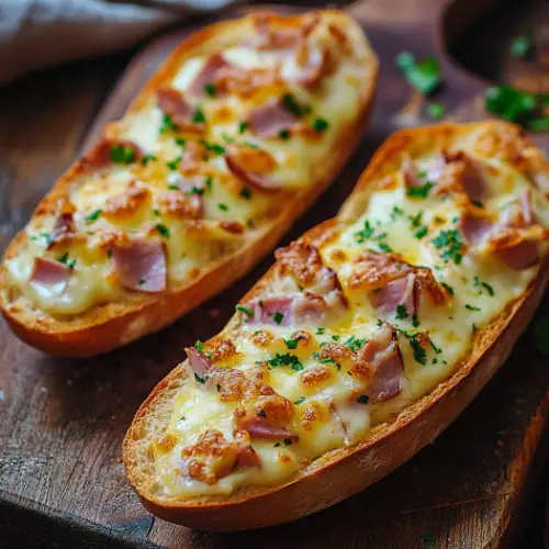 Creamy Ham & Cheese Baguette Boats