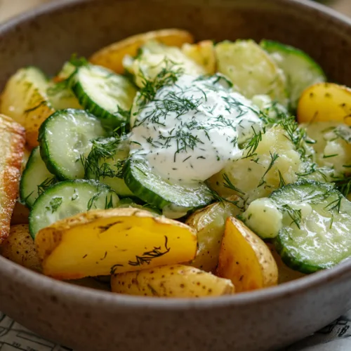 Crispy Potato Wedges with Creamy Cucumber Dill Salad
