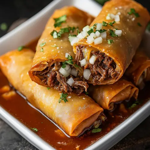 Birria Cheese Spring Rolls with Consommé Dip