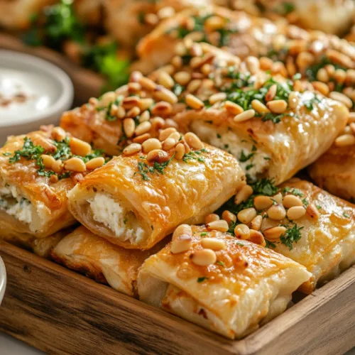 Crispy Cheese Fatayer Rolls with Toasted Pine Nuts