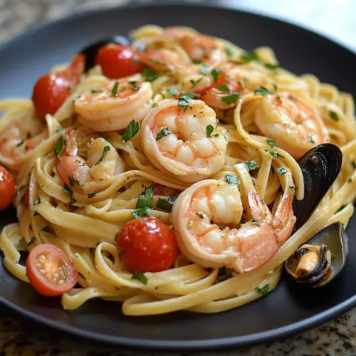 Seafood Linguine with Cherry Tomatoes and Garlic