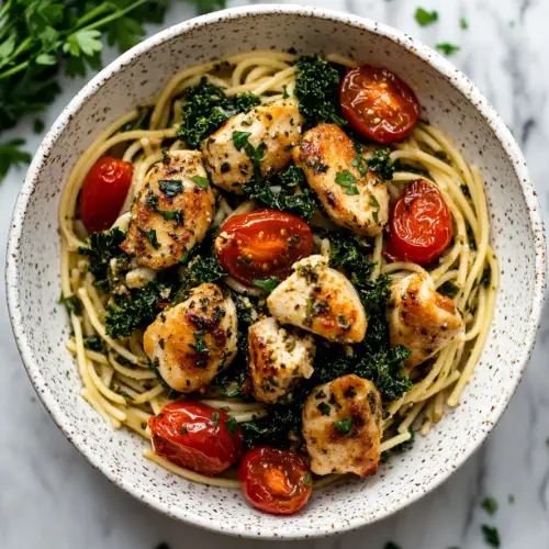 Garlic Herb Chicken with Spaghetti, Kale & Roasted Tomatoes