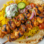 Grilled Chicken Kebabs with Turmeric Rice, Cucumber Salad & Naan 2 Grilled Chicken Kebabs with Turmeric Rice, Cucumber Salad & Naan