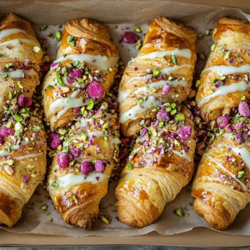 White Chocolate Dipped Croissants with Pistachio & Raspberry Dust