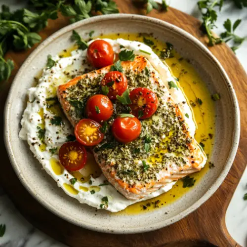 Herb-Crusted Salmon with Whipped Feta & Cherry Tomatoes