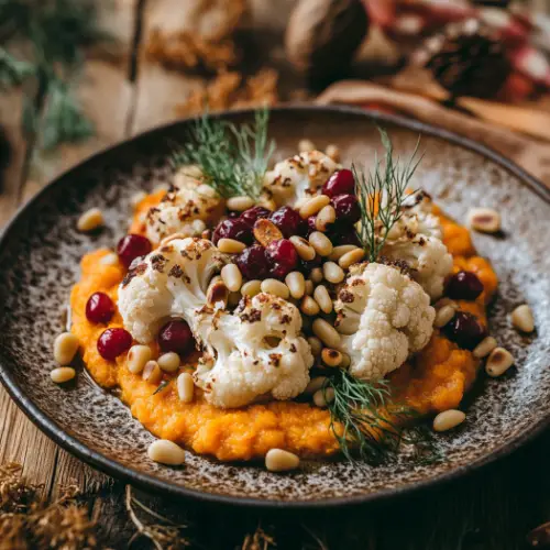 Roasted Cauliflower with Lentils & Sweet Potato Purée