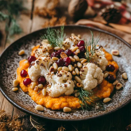 Roasted Cauliflower with Lentils & Sweet Potato Purée