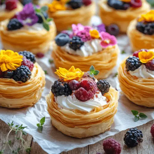 Crispy Filo Flower Tarts with Whipped Cream & Fruit Toppings