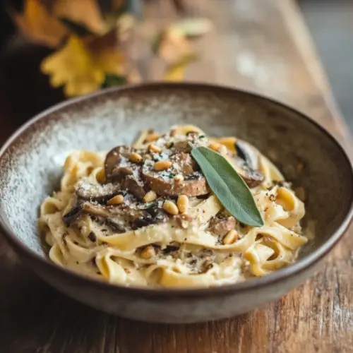 Creamy Mushroom Tagliatelle with Toasted Pine Nuts