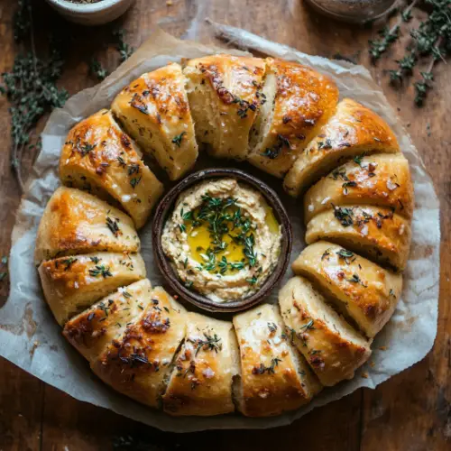 Garlic Herb Pull-Apart Bread with Hummus Dip