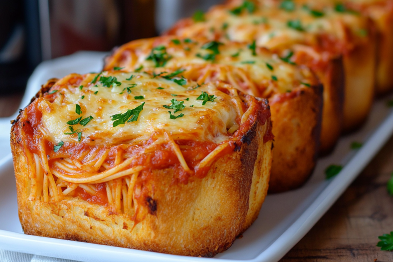 Cheesy Spaghetti Stuffed Garlic Bread