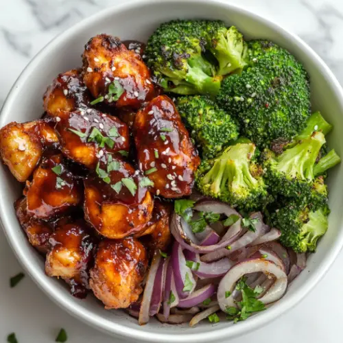 BBQ Chicken Bowl with Roasted Potatoes and Steamed Broccoli