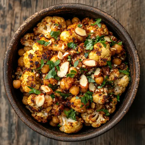 Roasted Cauliflower and Chickpeas with Harissa and Almonds