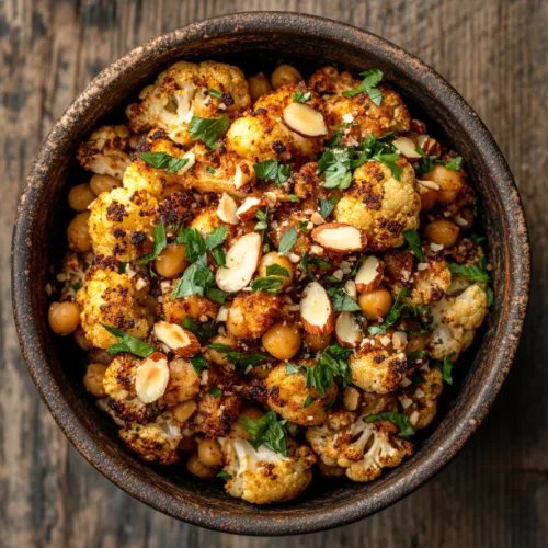 Roasted Cauliflower and Chickpeas with Harissa and Almonds