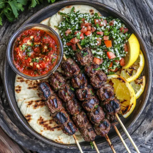 Grilled Beef Kofta Skewers with Tabbouleh and Red Pepper Dip