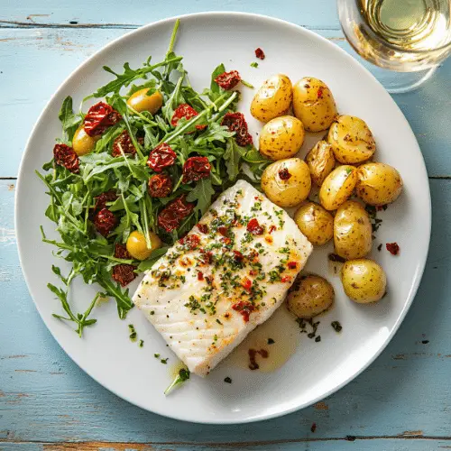 Herb-Butter Baked White Fish with Baby Potatoes & Arugula Salad