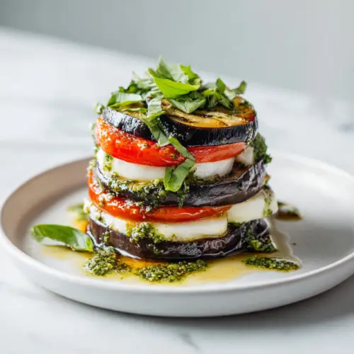 Grilled Eggplant Caprese Stack with Pesto