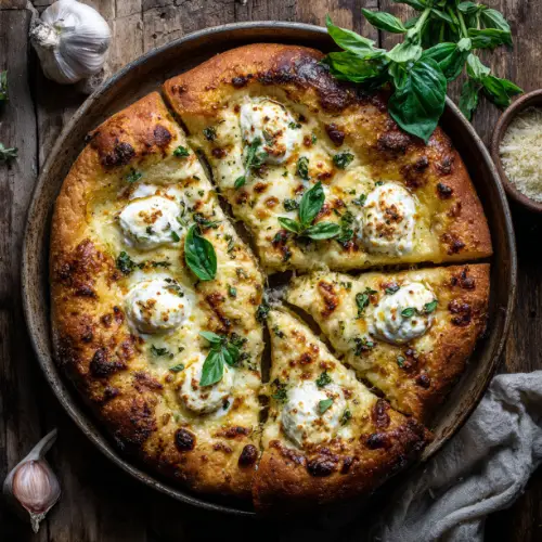 Pizza blanche à l'ail, ricotta et basilic