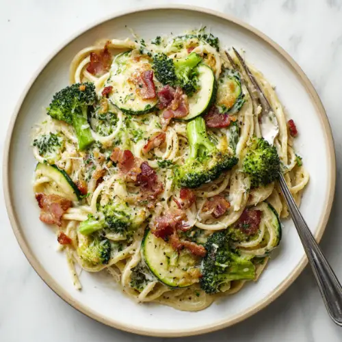Creamy Zucchini & Broccoli Linguine with Crispy Bacon