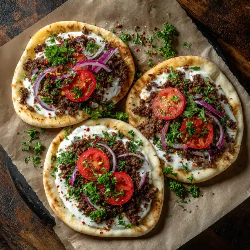 Mini Lahmacun with Yogurt Sauce & Fresh Vegetables