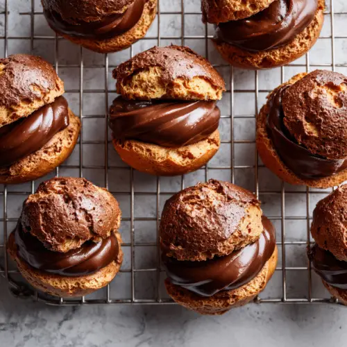Chocolate Craquelin Cream Puffs with Hazelnut Filling
