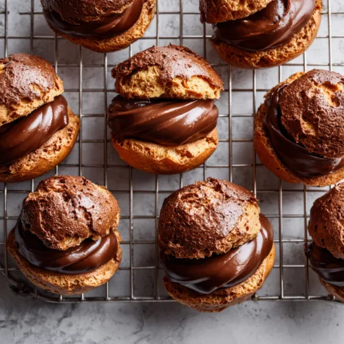 Chocolate Craquelin Cream Puffs with Hazelnut Filling