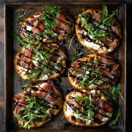 Mini Prosciutto & Arugula Flatbread Pizzas