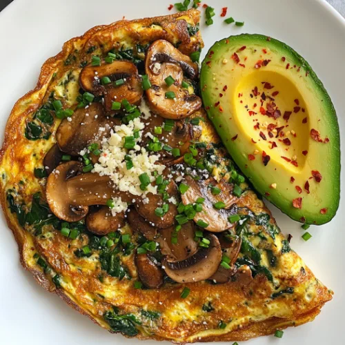 Mushroom Spinach Omelette with Sliced Avocado
