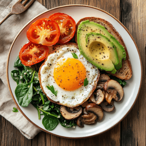 Savory Breakfast Plate with Eggs, Mushrooms, and Avocado