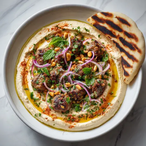 Hummus with Spiced Lamb, Pine Nuts & Grilled Flatbread