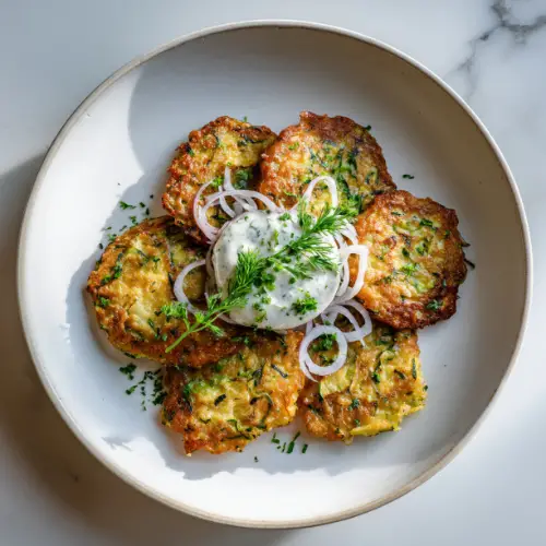 Crispy Zucchini & Herb Fritters with Garlic Yogurt Sauce