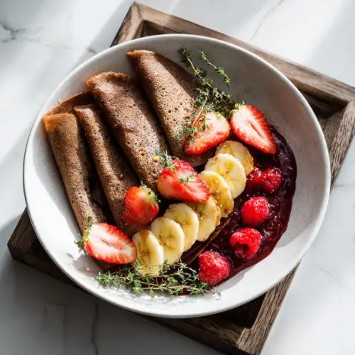 Chocolate Buckwheat Crepes with Caramelized Banana & Berry Compote