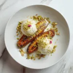 Caramelized Plantains with Pistachio Ice Cream and Nut Brittle